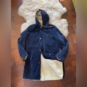 1970s vintage Sears Put On Shop Shearling Lined corduroy coat hooded navy